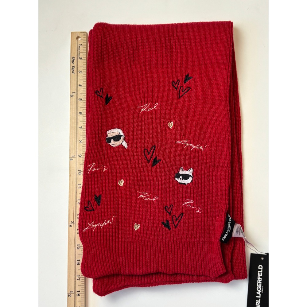 NEW Karl Lagerfeld Paris Scarf Red Novelty Embroidered Knit Ribbed L5KS8131 - Picture 6 of 7